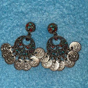 GRANZIANO Pierced earrings silver filigree coins small gems boho makers mark
